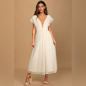 Lulu’s Yours Evermore Cream Swiss Dot Ruffled Midi Dress NWT